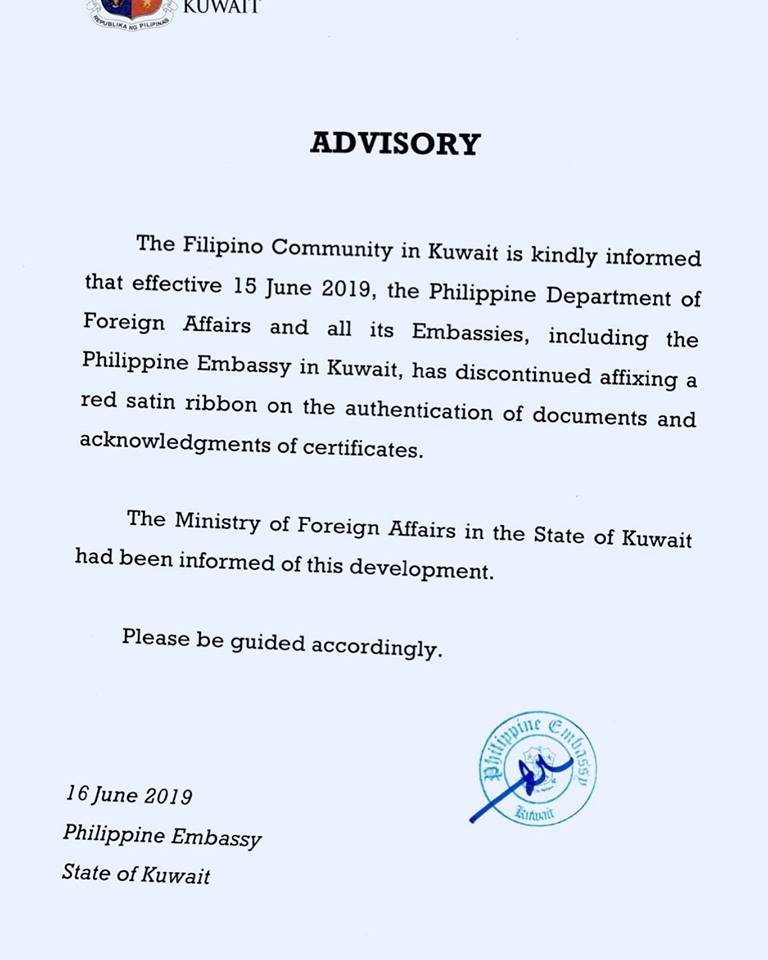 Advisory to Filipinos in Kuwait from Philippine Embassy
