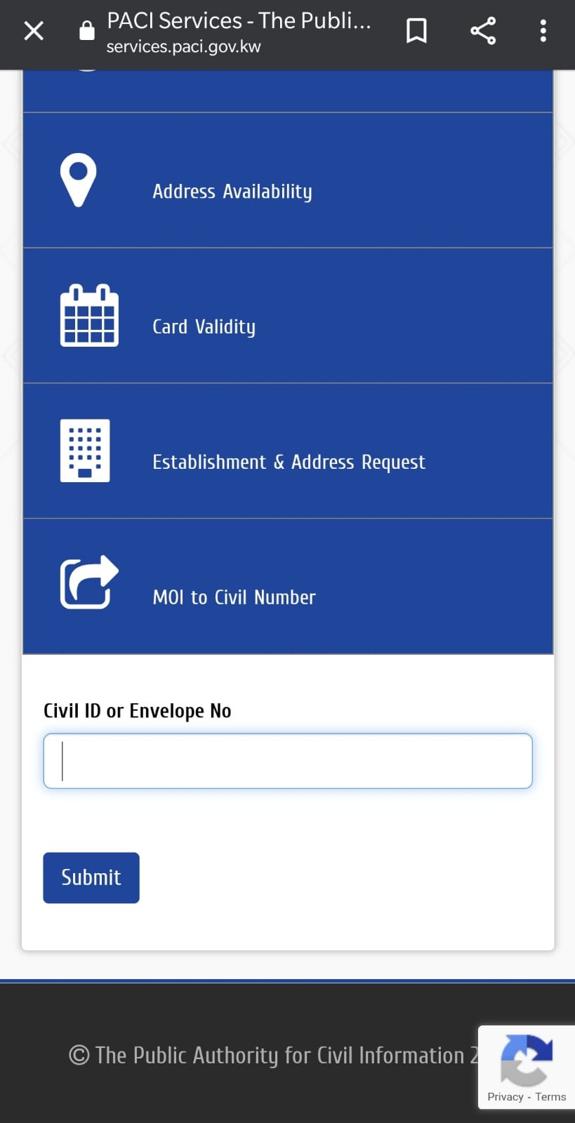 Kuwait Civil ID Status On PACI Website